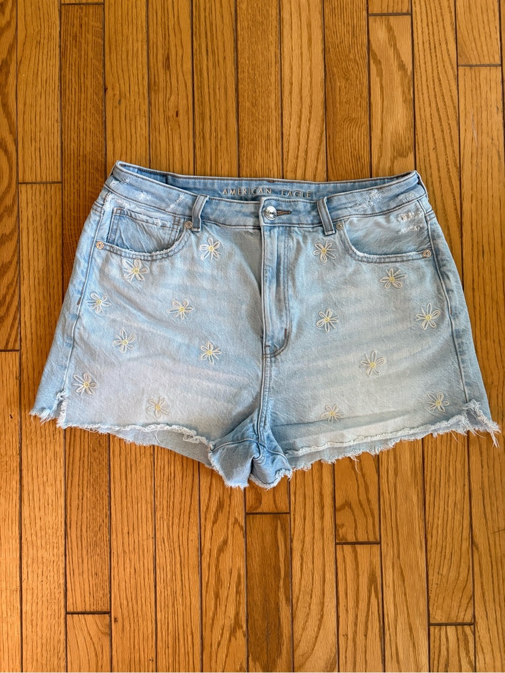 American Eagle Outfitters Daisy Embroidered Jean Shorts women’s 12 Light Blue
